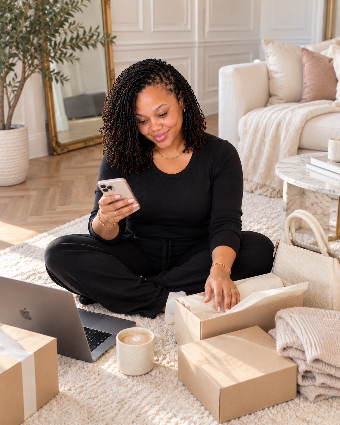Creator working beside packed product orders