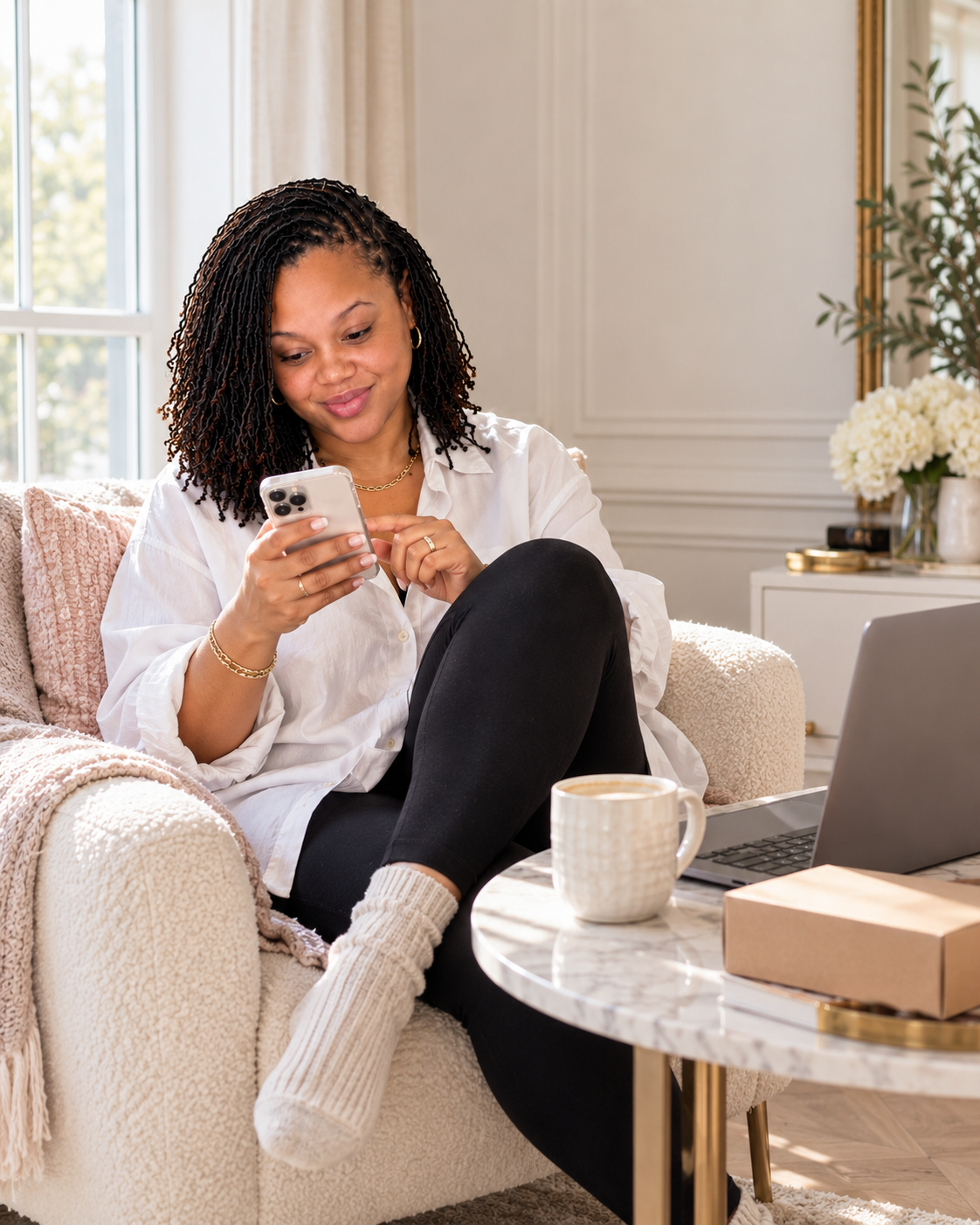 Creator checking her phone while working from home